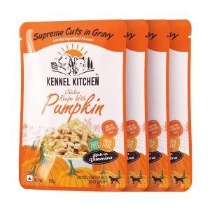 Kennel Kitchen Supreme Cuts in Gravy, Chicken Recipe with Pumpkin, 100g/130g (Pack of 4) | Wet Dog Food Gravy for Adult & Puppy | Limited Ingredient Chunks High in Fibre & Good for Hydration